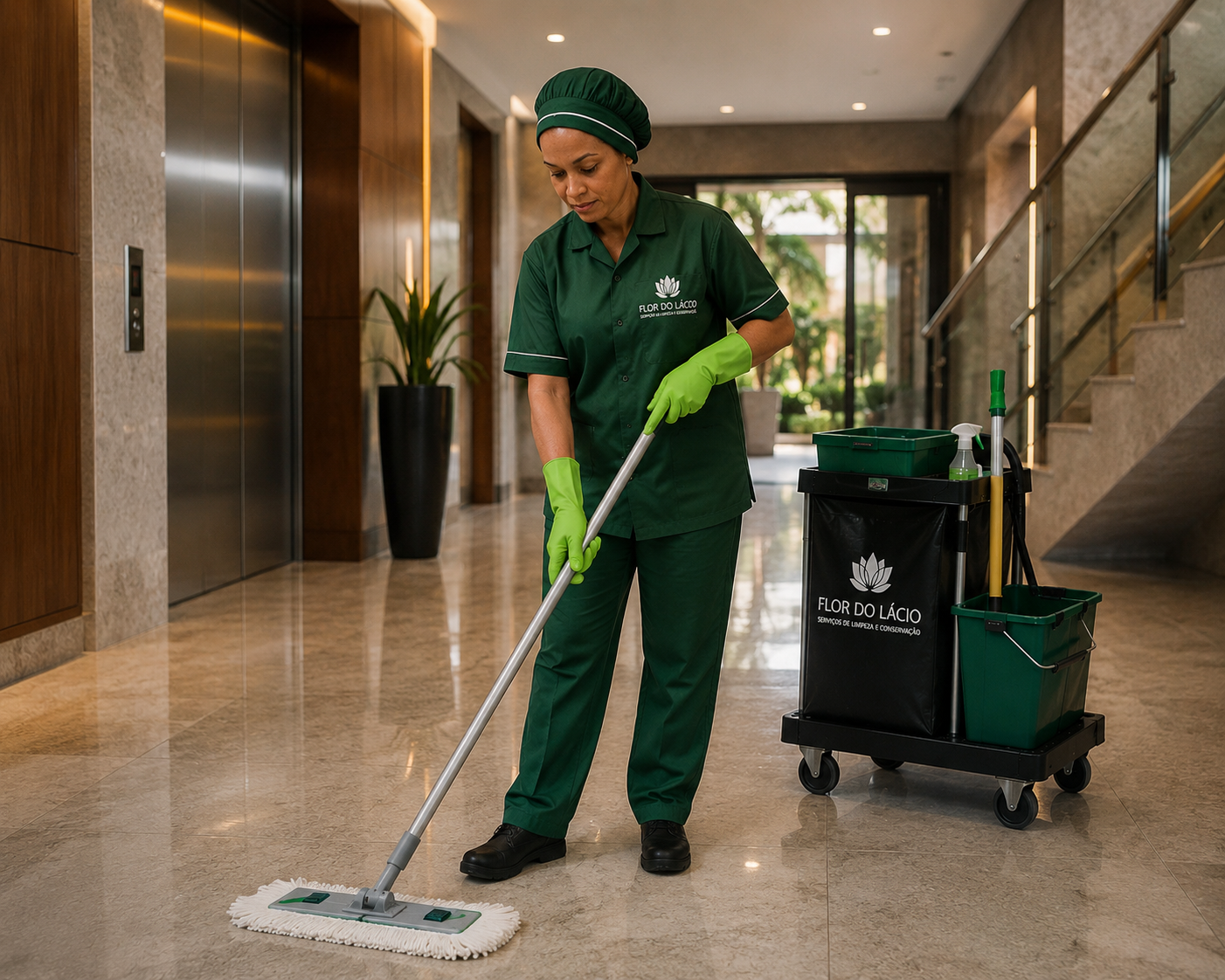 Colaboradora da Flor do Lácio realizando limpeza profissional em ambiente corporativo