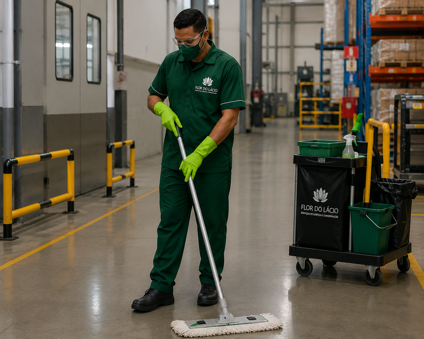 Colaborador uniformizado executando limpeza profissional em ambiente corporativo