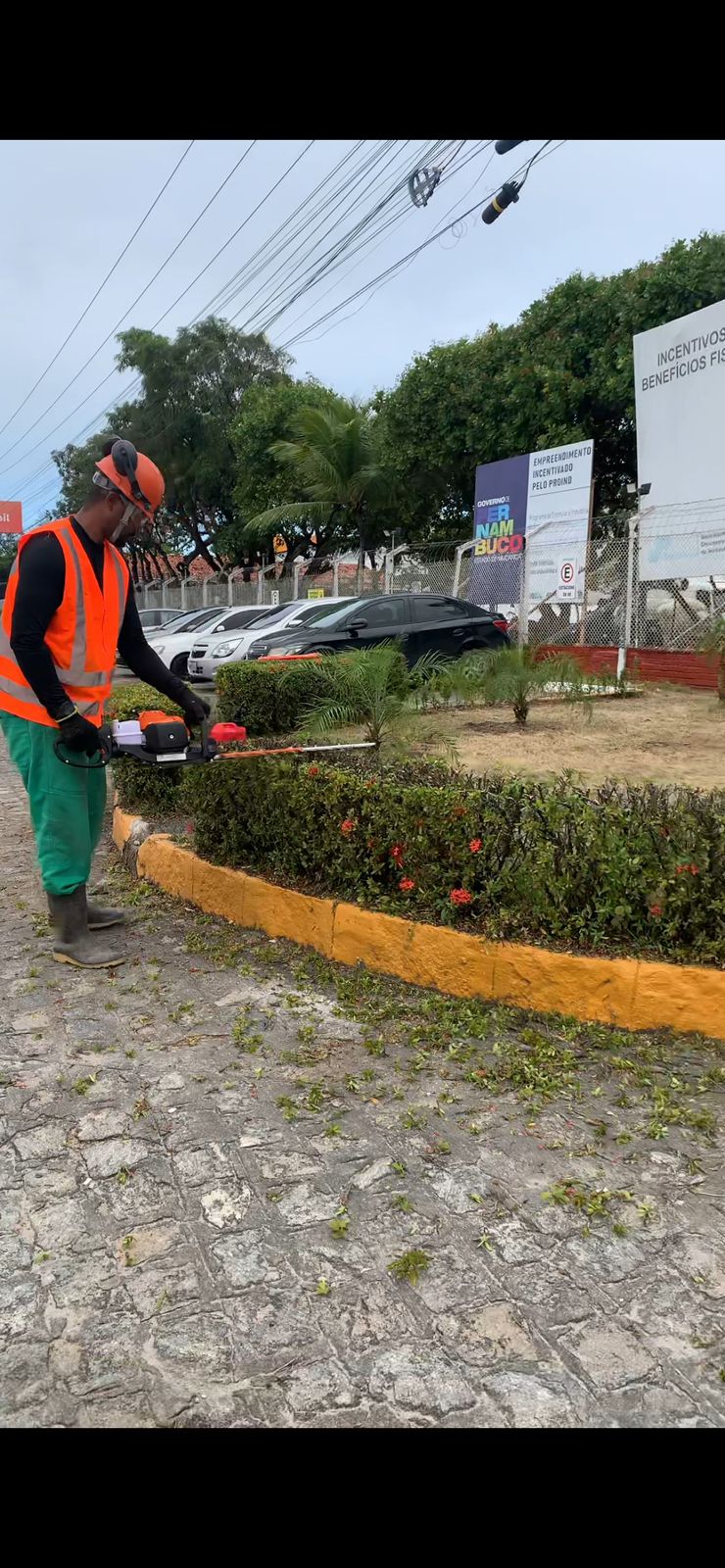 Colaborador realizando manutenção de área verde e acabamento de canteiro